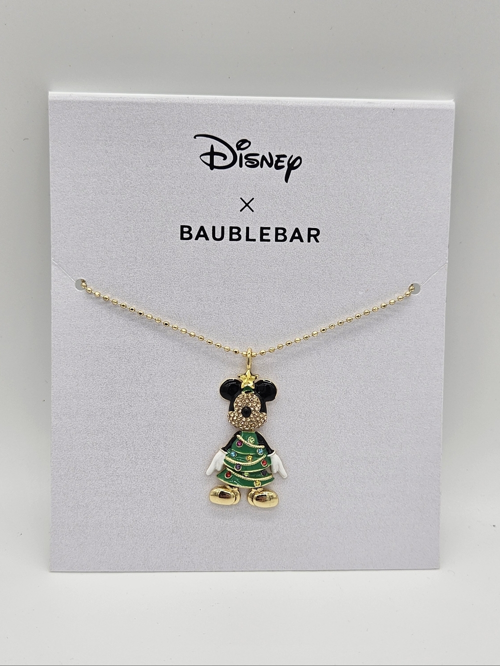 BaubleBar Disney Minnie Christmas Tree Pendant Necklace in Gold and Green New